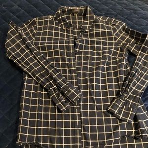 Navy button down with white check